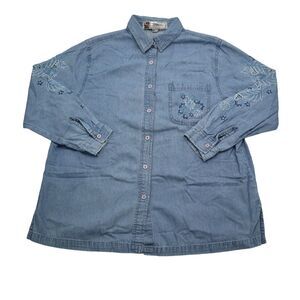 Passion-I Shirt Womens L Blue Denim Button Front Floral Embroidered Pocket